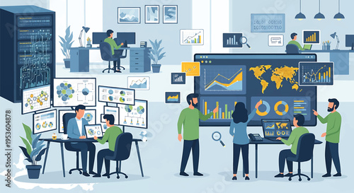 Data analysis team working in a modern office with multiple screens and server racks.