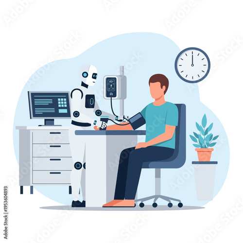 Robot healthcare assistant monitors human patient's blood pressure in a modern medical clinic setting