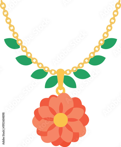 Floral gold necklace with red flower pendant and green leaf accents, vector illustration