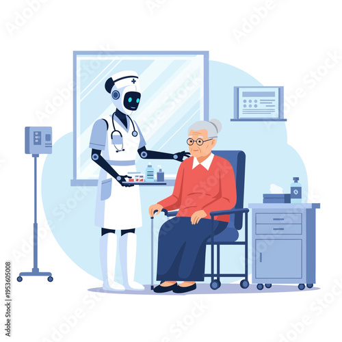 Robot nurse providing medical assistance and care to an elderly person in a room