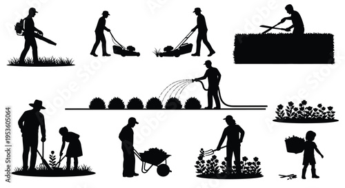 Collection of people engaging in various outdoor gardening and landscaping activities in a vector graphic design.
