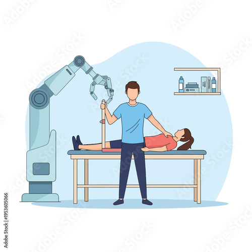 Robotic arm assists physical therapist with patient rehabilitation and medical treatment on examination table
