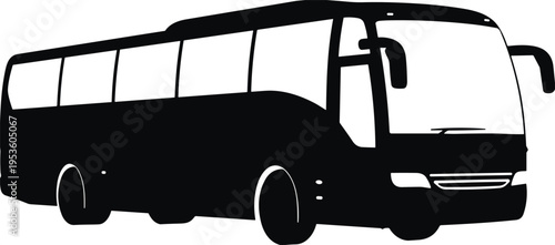 Black silhouette of a modern tour bus or passenger coach for travel and public transportation services isolated on a white background for vector design (25 words)