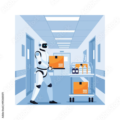 Robotic assistant delivering medical supplies down a hospital corridor