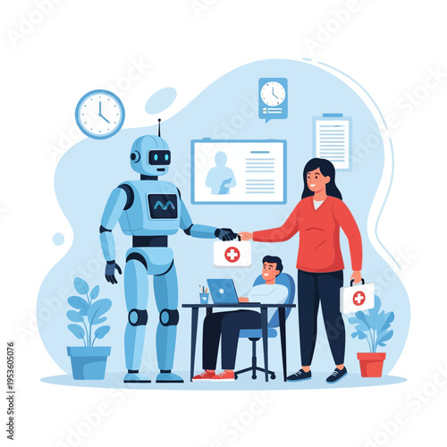 A futuristic robot delivers a medical kit to a woman, assisting a man working at a desk in a modern healthcare office setting.