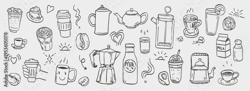 Coffee and Drinks Doodle Set with Teapot, Milk, Smoothie, Juice and Coffee Cups, Hand Drawn Beverage Collection. 