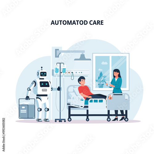 Futuristic robot assists medical staff and patient in hospital room, showcasing automated healthcare and advanced technology.