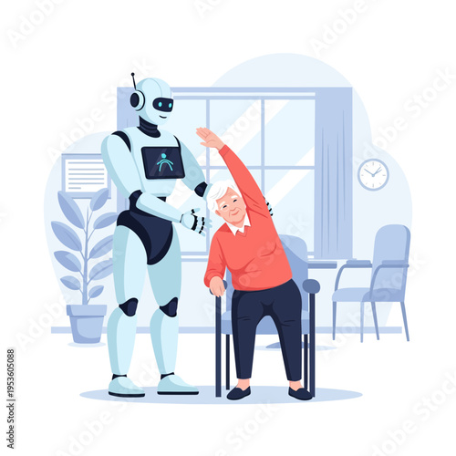 Futuristic robot assisting an elderly woman with exercise in a comfortable home setting