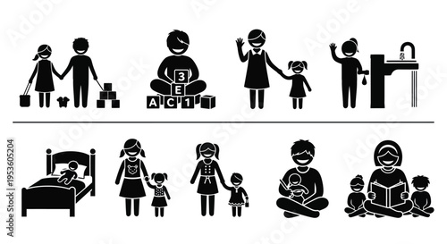 Collection of black silhouette vector icons depicting various early childhood activities and daily routines