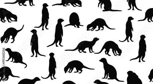 A playful and dynamic vector illustration featuring a seamless pattern of meerkat silhouettes in various poses.