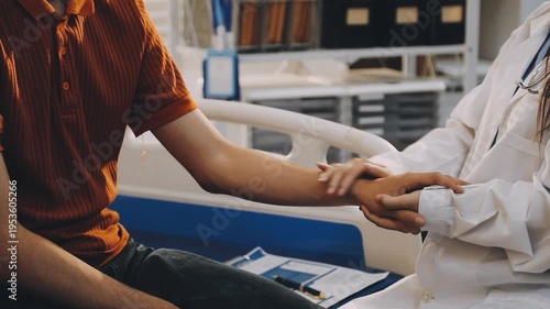 Doctor and patient closeup, holding hands and consultation support, healthcare services and sad news, test results or help. Clinic, medical professional or black people consulting, helping and advice