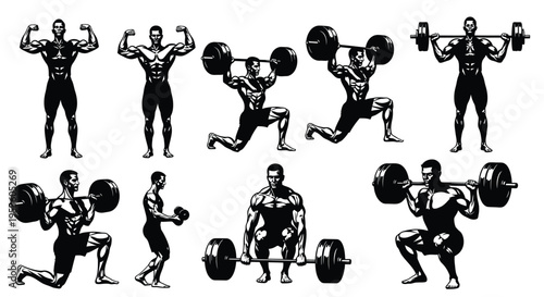 Collection of strong male physique vector illustrations showcasing diverse bodybuilding and weight training workouts.