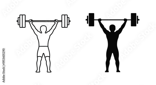 Outline and silhouette vector graphic of a muscular person performing an intense barbell lift overhead