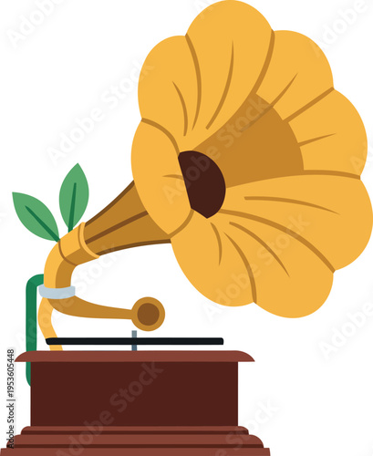 Vintage gramophone illustration with golden horn and wooden base, retro music player vector art