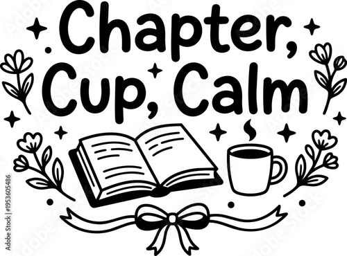 Chapter cup calm open book with steaming coffee cup and floral decoration line art