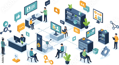 Isometric illustration of a modern office environment with people working on computers and interacting with technology.