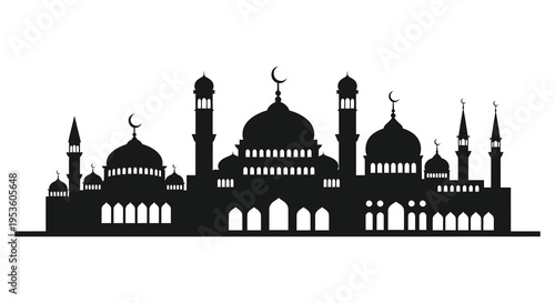 A striking black silhouette of a beautiful mosque with crescent moons and ornate details silhouette