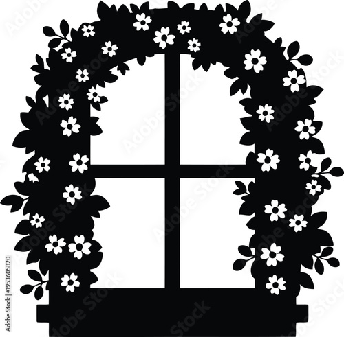 Фотография Silhouette Window with Floral Arch and Blossoms for Spring Home Decor and Greeti