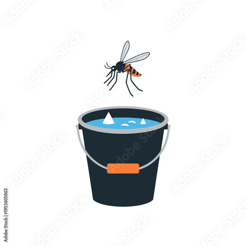 Mosquito flying above a bucket of water with a minimalist design in the environment