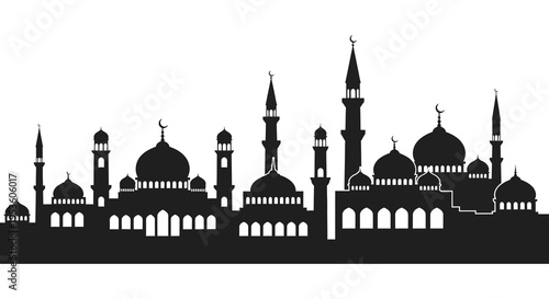 A striking black skyline showcases ornate islamic architecture against a brilliant white background silhouette high quality