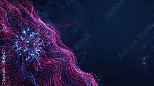 Flowing wave of magenta neural light particles sweeping across the left side of a deep blue background. Vast empty space on the right for typography and artificial intelligence software presentation.