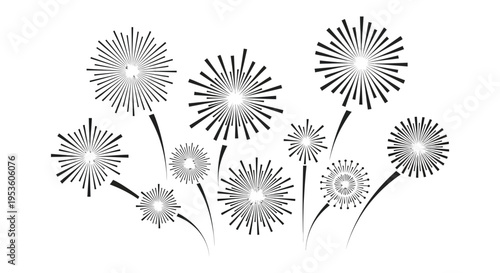 A cluster of dandelion seed heads depicted in a minimalist black and white silhouette high quality