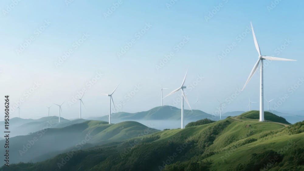 Obraz premium Wind turbine clusters stand among green mountains shrouded in morning mist, with clear sky blending into greenery, presenting a fresh and tranquil clean energy landscape, making it a material image su