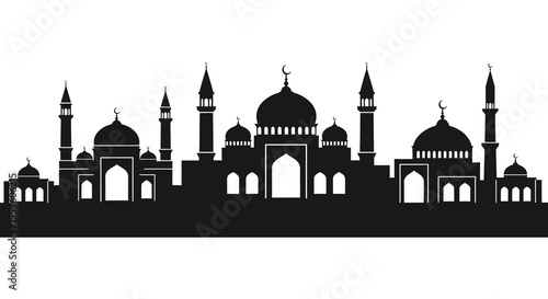 A striking black silhouette of an ornate mosque complex against a bright white background silhouette