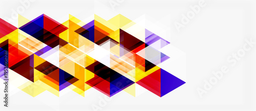 Abstract geometric design. Colorful triangles overlap, creating dynamic pattern. Bright hues contrast with white background. Modern aesthetic.