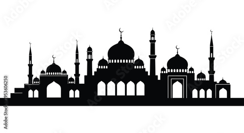 A striking black silhouette of a mosque complex with crescent moons and minarets silhouette high quality
