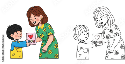 Happy Mother's Day: Child Gives Mom a Handmade Card - Colorful and Line Art Versions