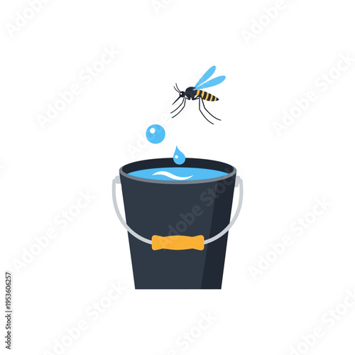 A mosquito flying near a bucket of water with a water droplet