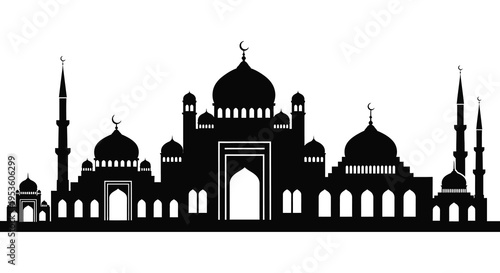 A striking black silhouette of a majestic mosque complex against a bright white background silhouette