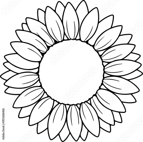 A minimalist black and white illustration of a sunflower with an empty center for text