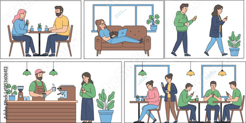 Modern flat line art illustration set of people drinking coffee working on laptops and using smartphones in cafe vector.