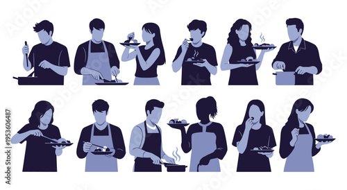 People silhouettes cooking and eating food in various poses flat vector art