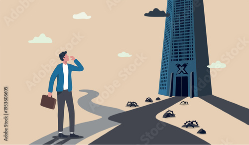 Entrepreneur inor to the we can this small business to fight with large company, fear in business competition, threats or conflict concept, struggle businessman look at big company competitor in same 