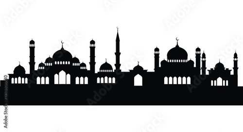 A striking black silhouette of a mosque skyline showcasing intricate architectural details silhouette high quality professional