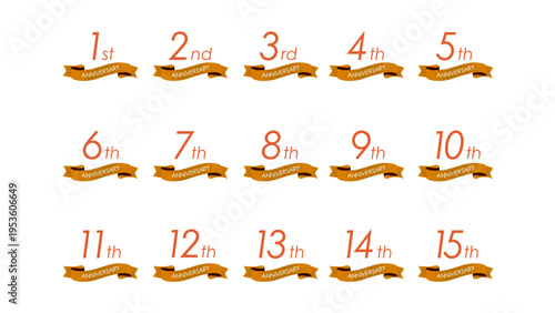 金色のリボンのアニバーサリーロゴセット(1周年 2周年 3周年 4周年 5周年 6周年 7周年 8周年 9周年 10周年 11周年 12周年 13周年 14周年 15周年お祝い 周年記念 イベント 設立記念　anniversary icon 13