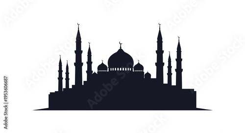 A striking black silhouette of a mosque complex against a blurred cityscape silhouette high quality professional