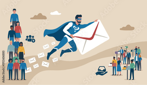 Email the of we this for is communication,to marketing campaign from subscription, sending message or information concept, businessman superhero carrying big email envelope flying to recipient address