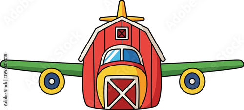 Cartoon Barn Airplane Hybrid Illustration for Kids, Agriculture and Aviation Concepts