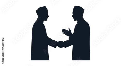 Two figures in dark suits facing each other appearing to shake hands a striking silhouette