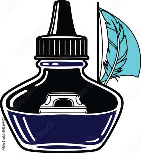 Vintage ink bottle with blue feather quill illustration for writing and calligraphy design