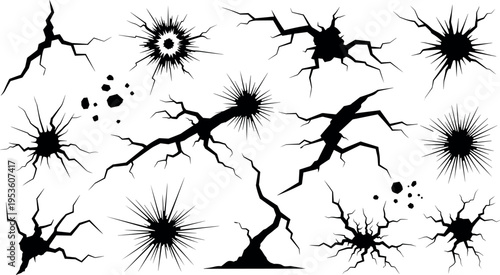 Set of cracked glass and shattered surface vector elements with impact bursts, fractures, broken lines and explosion crack patterns isolated