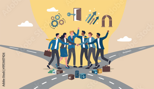 Merger and acquisition, company join force partnership working together new opportunity successful concept, businessmen merging together too celebrating ambitious for bright future