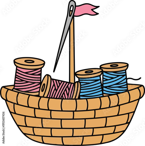 Colorful sewing basket with thread spools and needle illustration for craft and hobby design