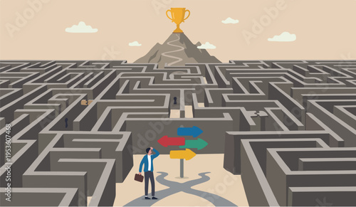 Path work flat company chart assessment project businessman finding the way in labyrinth to reach target