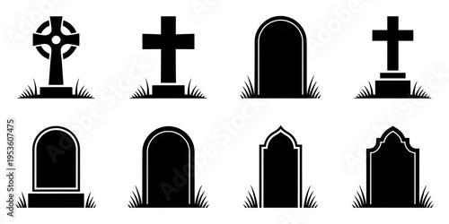 black and white silhouette of various tombstones and crosses
