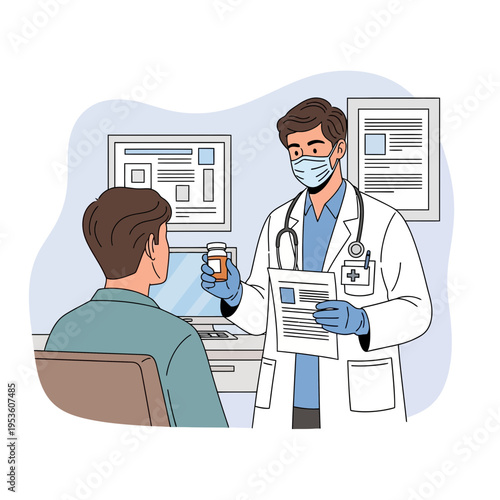 Doctor in a medical office giving a prescription bottle to a patient